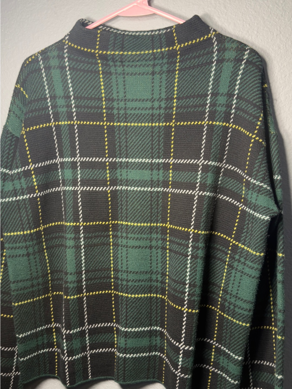 Ann Taylor Green Plaid Crewneck Sweater with Black, White & Yellow Accents